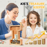 KMC wooden letter piggy bank, oak initial coin bank with clear plexiglass front - view 11