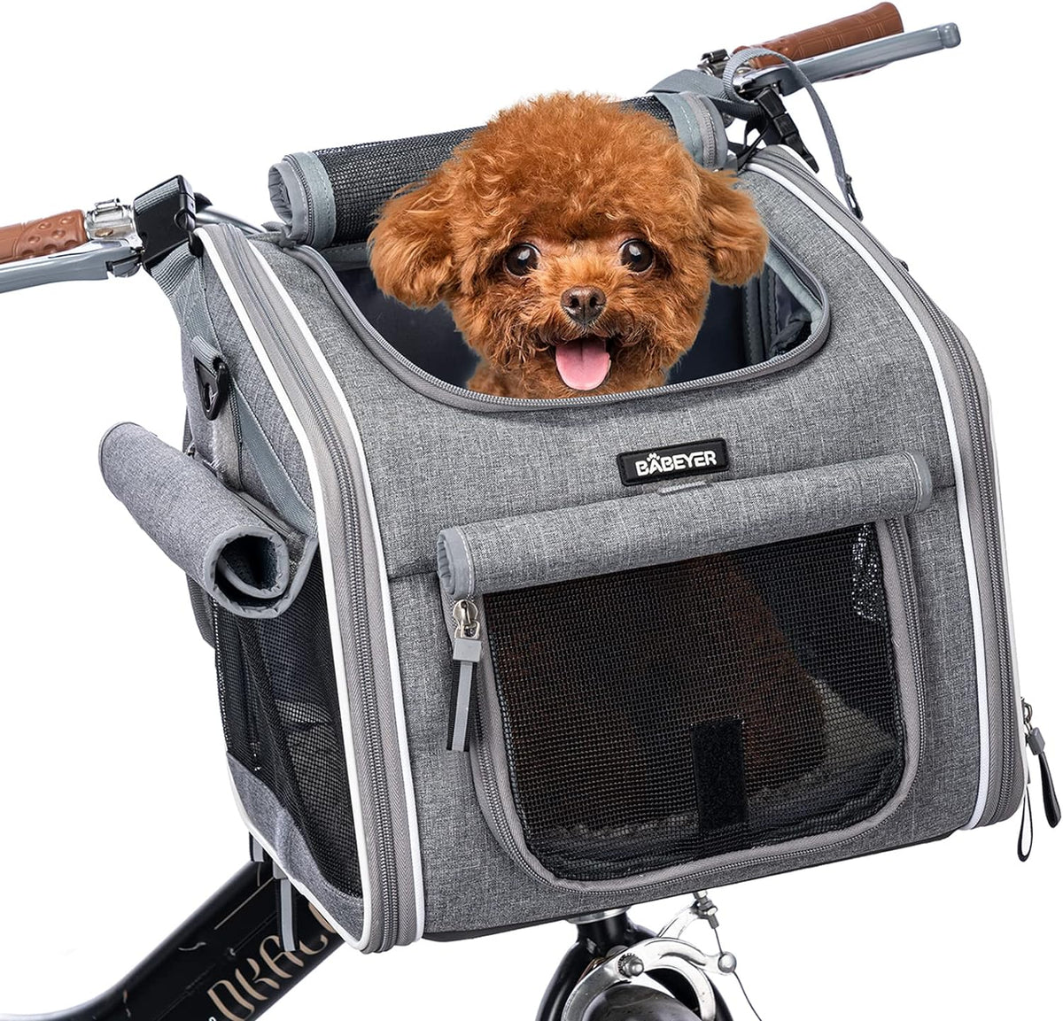 Dog Bike Basket, Expandable Soft-Sided Pet Carrier Backpack with 4 Open Doors, 4 Mesh Windows - Grey-Fits 6-15 Lbs
