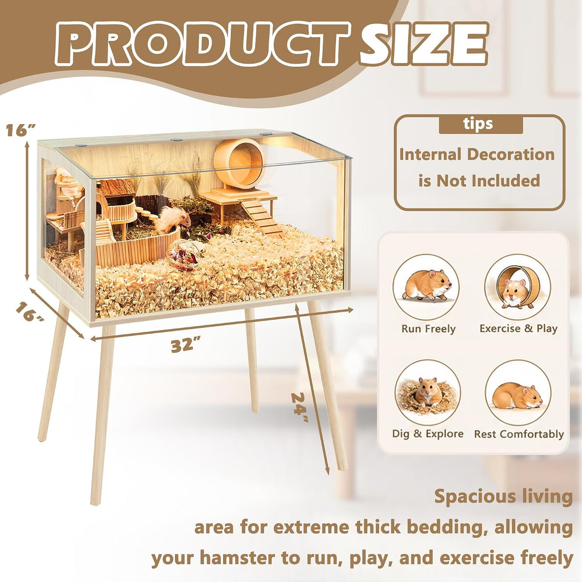 PROLEE Small Animal Cage, Hamster Cage Wooden Roof - 32.0"L x 16.0"W x 40.0"H / Window Roof - image 3