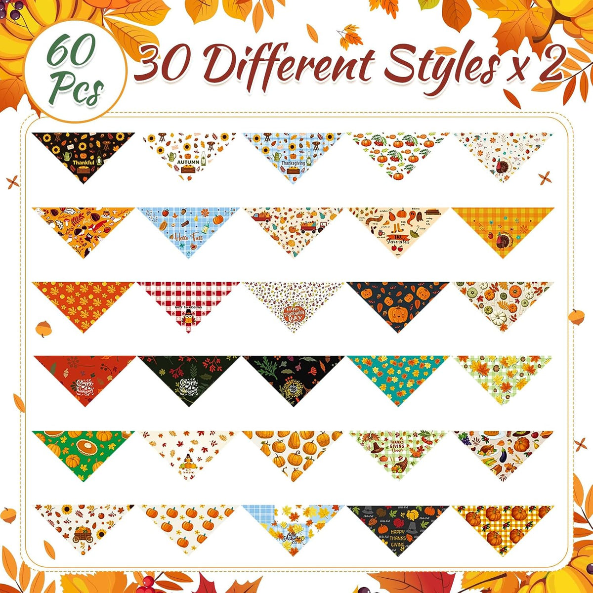 Pack of 60 Thanksgiving fall dog bandanas in 30 patterns made of polyester - view 4