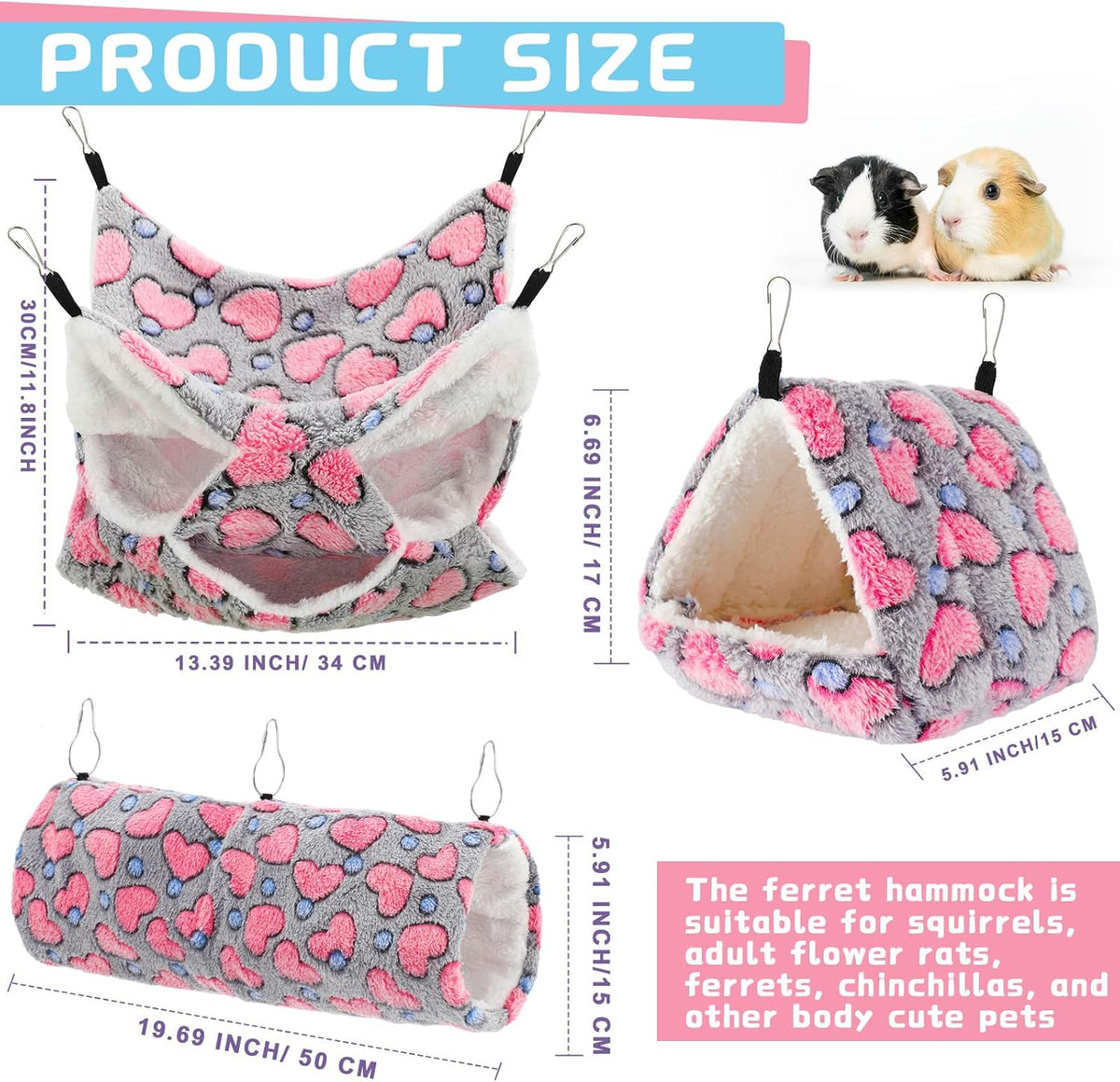 Abbylike 9 Pieces Rat Hammock 3 Tier Guinea Pig Ferret Hammocks Small - Purple, Brown, Gray / Heart - image 2