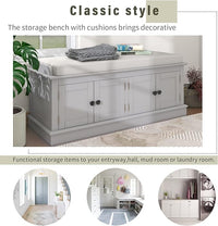 Storage Bench with 4 Doors and Adjustable Shelves, Shoe Bench with Removable Cushion for Living Room, Entryway 42.7" L x 16" W x 17.4" H (Gray Wash)