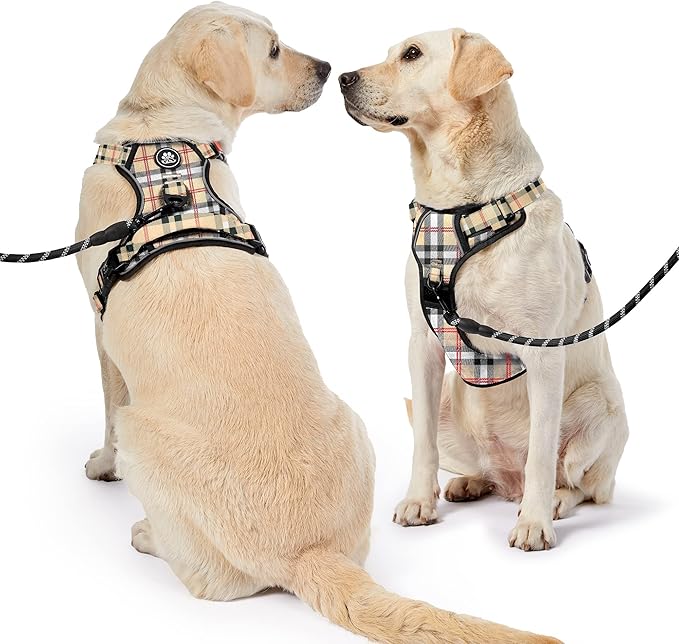 NESTROAD No Pull Dog Harness with Leash, Reflective No Choke Pet Vest Harness,Adjustable Soft Padded Dog Harness with Easy Control Handle for Small Dogs(Checkered Beige,Small)