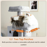 Ouritsu Cat Tree, 56 inch Tall Cat Tower for Large Cat Indoor, Large Condo, 2 Padded Perches, Steel-Framed Hammock, Scratching Post and ramp, Fluffy Basket, Light Gray, LF001GA