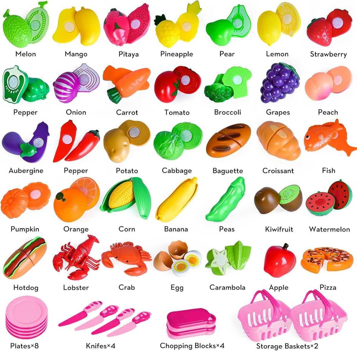 100 PCS Cutting Play Food Toy for Kids Kitchen - Pink - image 4
