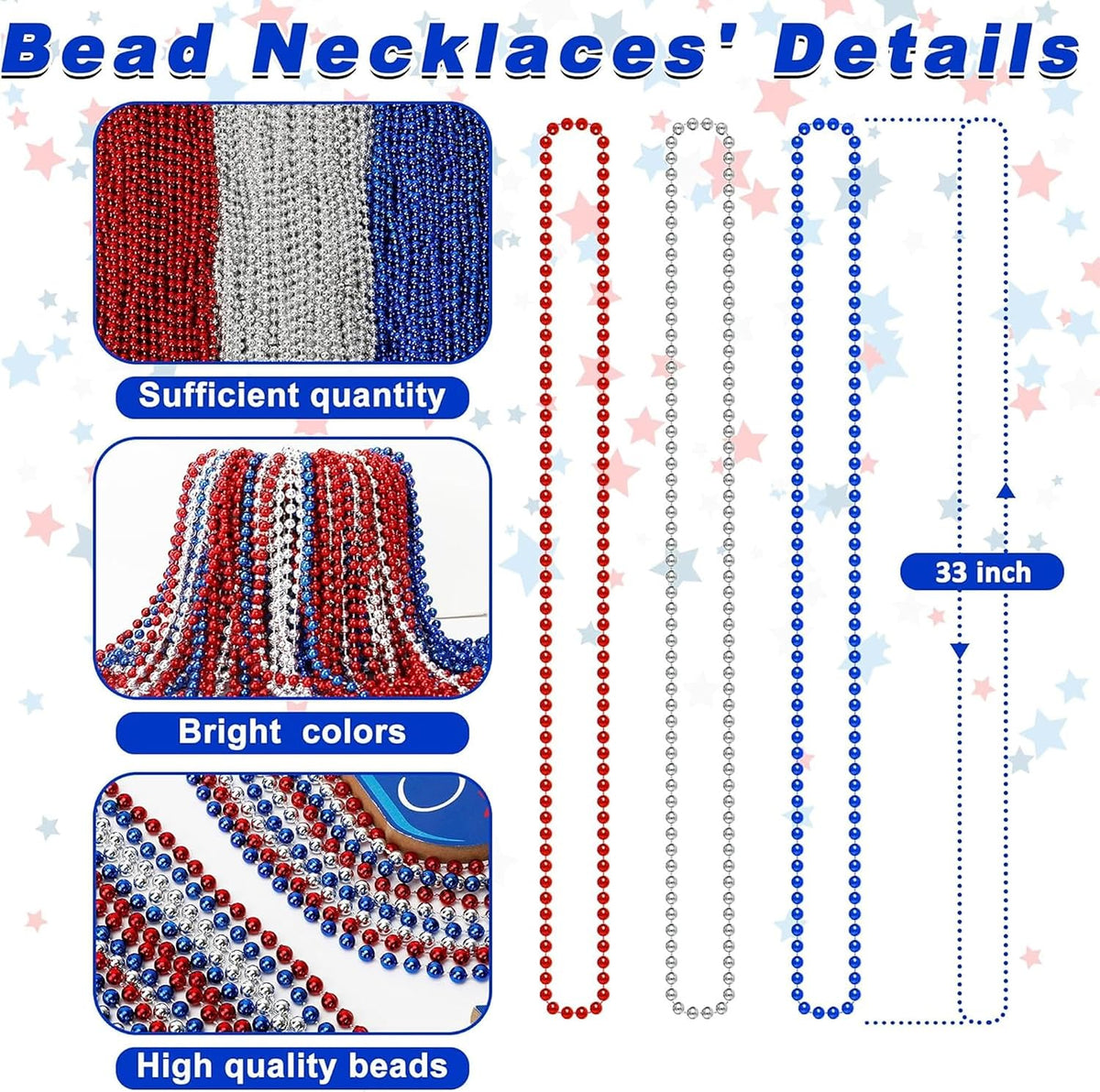 Huskein Bead Necklace, 33" Colorful Mardi Gras Beads Necklaces - Red White Blue / 12 - image 2