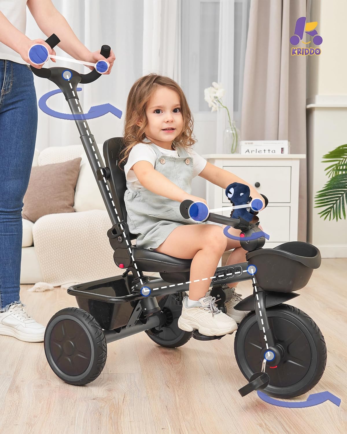 KRIDDO 7-in-1 toddler push tricycle with parent steering handle and canopy - view 10