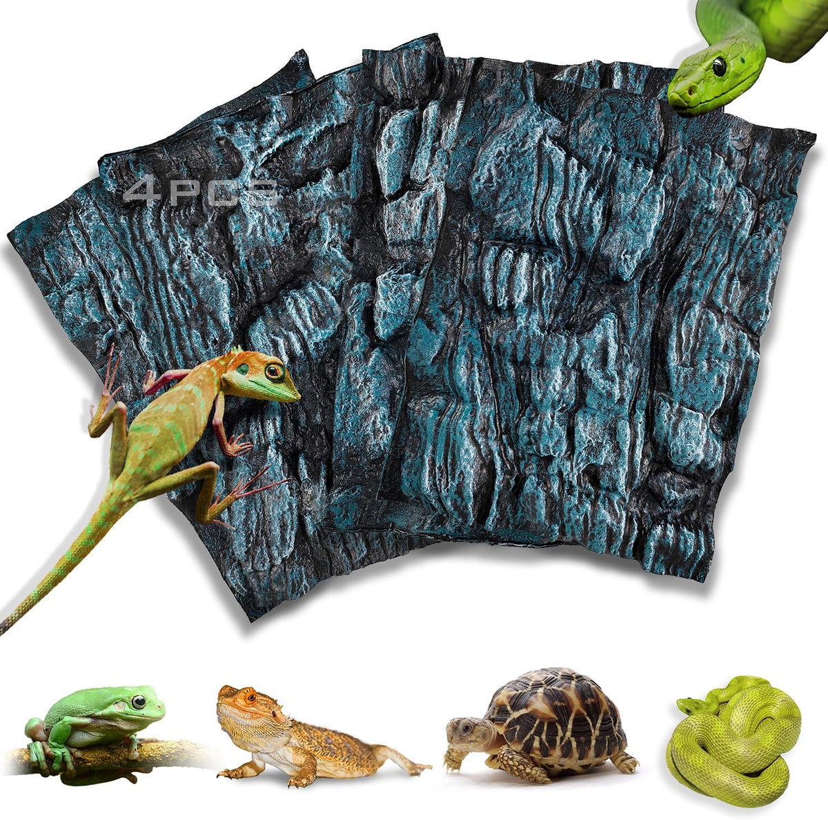 4pcs Rock Terrarium Background, 3D Reptile Tank Background Board - Blue-11.8"*8.8"（4pcs）