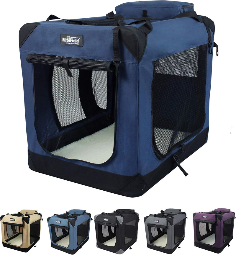 EliteField 3-Door Soft Dog Crate with Bed & Carrying Bag – Essentials for Dogs - Navy Blue / 20.0"L x 14.0"W x 14.0"H