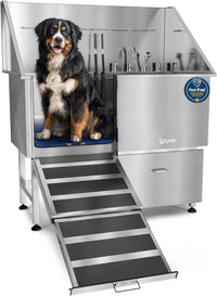 Professional Dog Washing Station 304 Stainless Steel Pets Grooming Tub – Essentials for Dogs - Silver, Left Ramp, 1 Drawer / 50 Inches