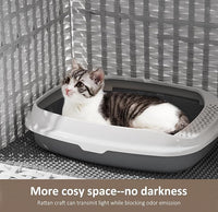 Cat Litter Box Enclosure with Soft Litter Mat; Hidden Cat Washroom Furniture with Door; Handwoven Rattan Cat House with Large Space; Pet Crate for Living Room, Bedroom, Balcony (White)
