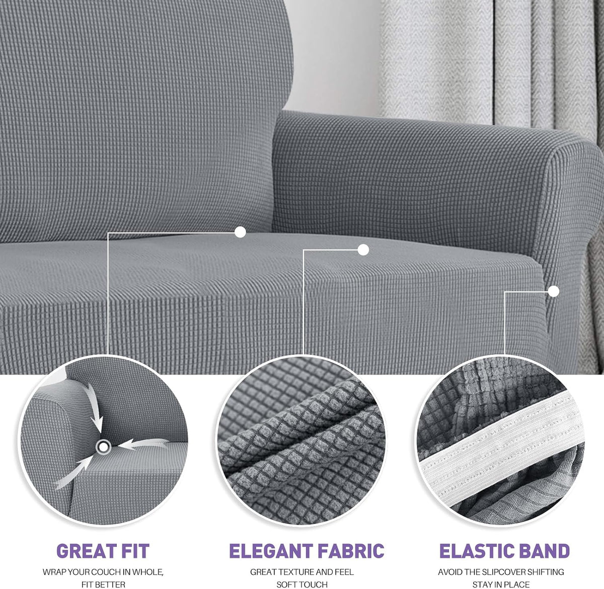 Super Stretch Couch Cover Universal Sofa Covers with Elastic Bottom - Light Grey / Medium (57"-70") - image 4