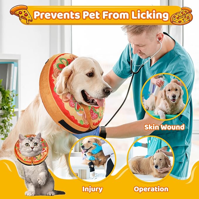 Grand Line Pizza Inflatable Collar for Dog and Cat, Soft Protective Recovery Cone After Surgery, Blow up Pet Donut Collar Cone, E-Collar Alternative Does not Block Vision (Cartoon, Large)
