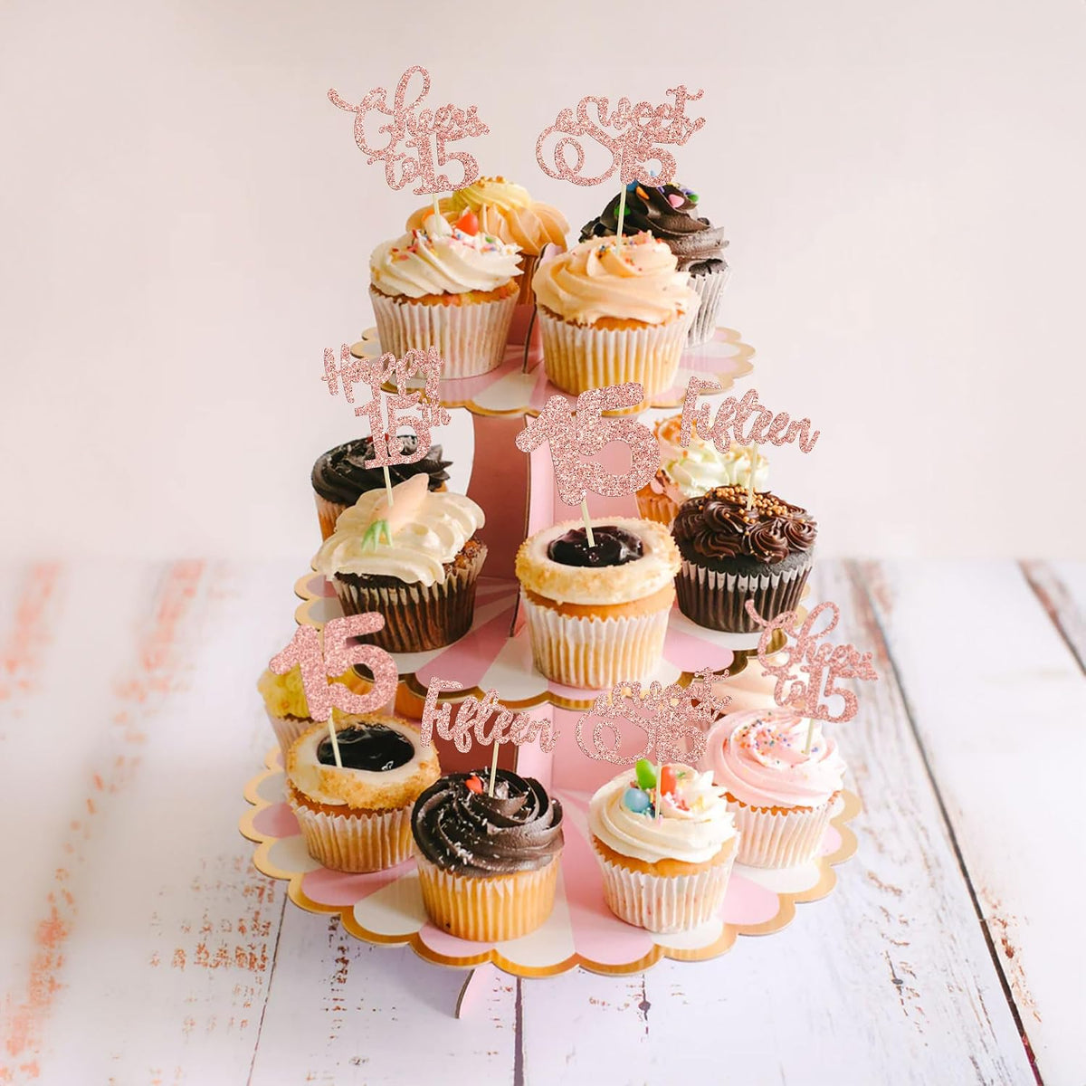 30 Pack Happy 80th Birthday Cupcake Toppers Gold Glitter Eighty - 15th / Rose Gold - image 4