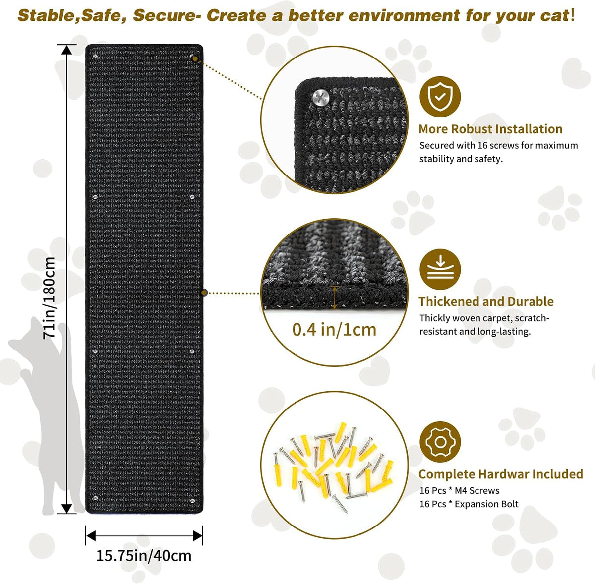 FHTONGE 71x15.8" Thickened Cat Wall Climbing Carpet with 16 Fixed - Heathered Black / 71x15.8"(180x40cm) - image 2