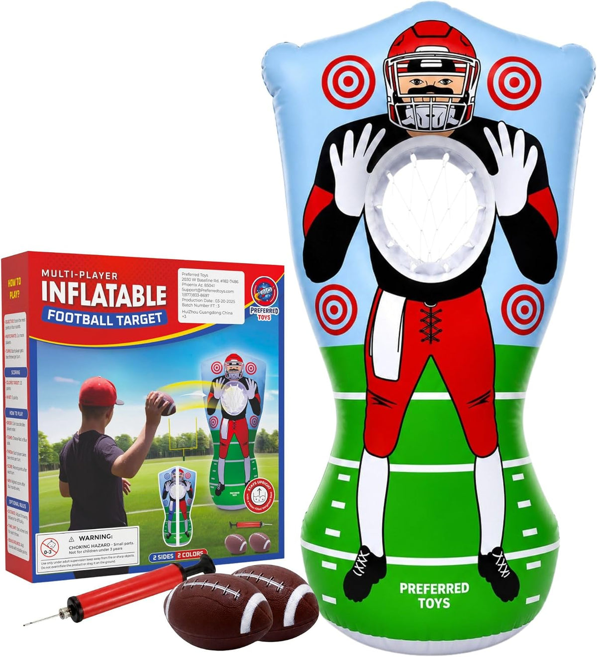 Preferred Toys 65” Inflatable Football Target Net Toss Game - Red/Blue