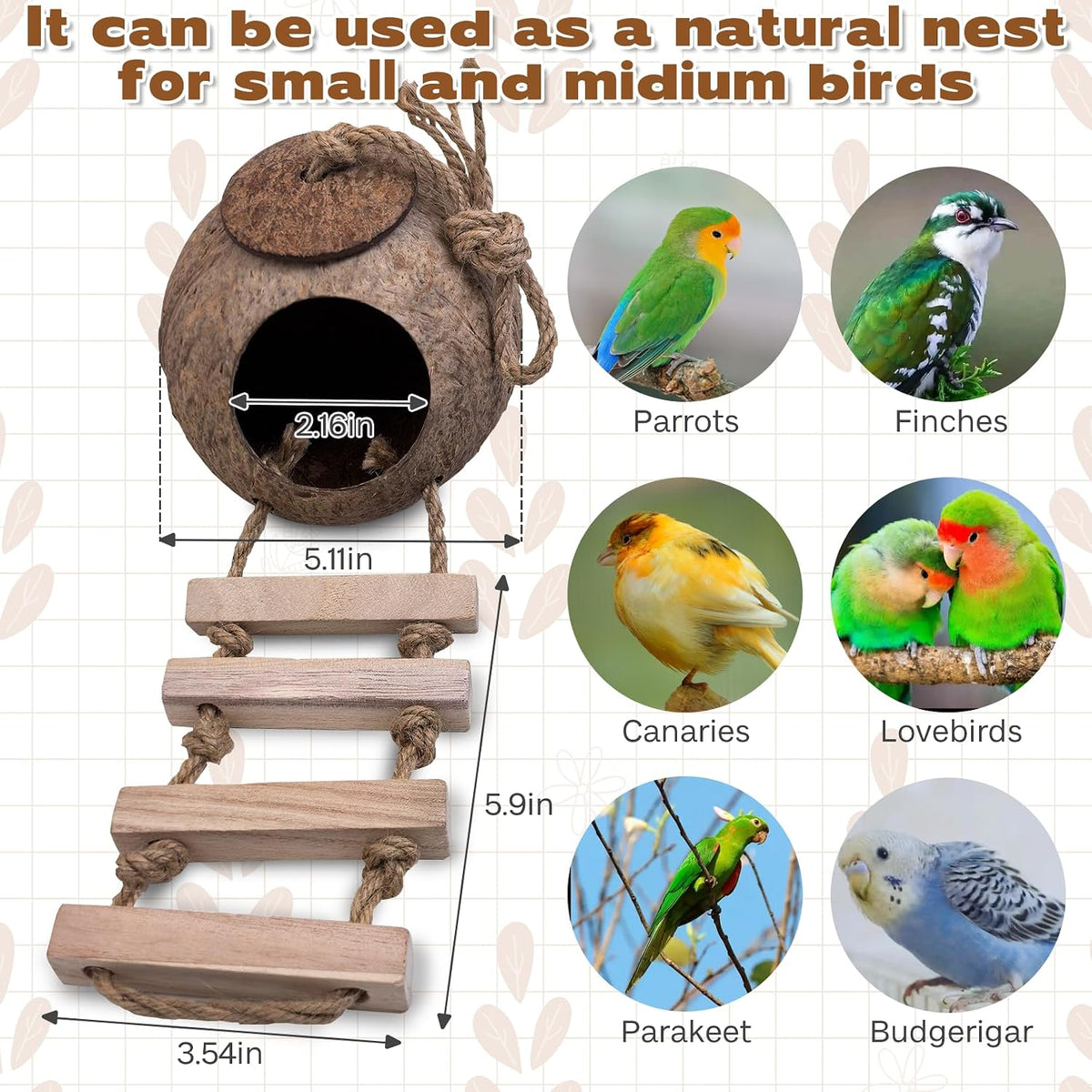 PINVNBY Coconut Bird Nest Hut with Ladder - Wooden ladder - image 3