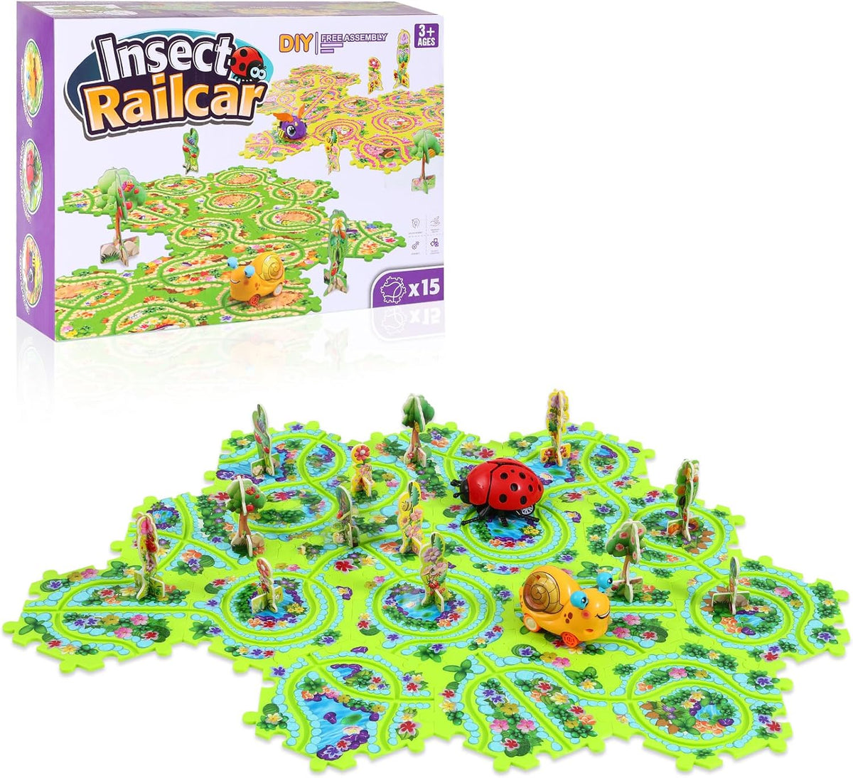 VESPRO 100PCS Car Track Set, 4 Series Puzzle Racer Play Set - 10pcs Insect Puzzle Rail Car