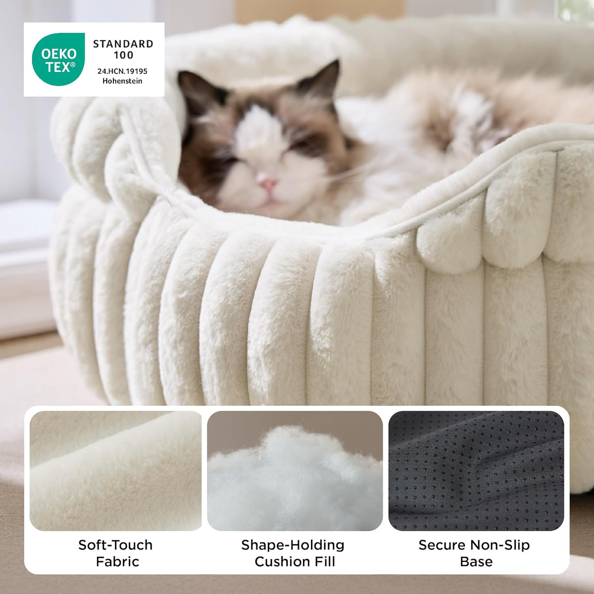 Bedsure ComfyFleece Washable Cute Cat Bed, Soft Round Kitten Bed - 23''x23''x8.5'' / Cream - image 3