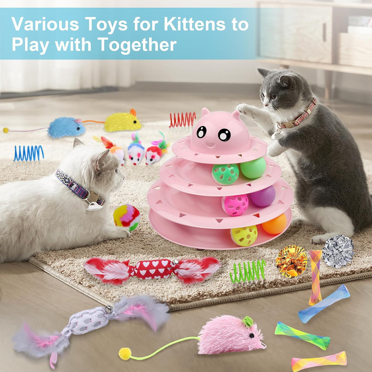 UPSKY Cat Toy Roller 3-Level Turntable Cat Toys with Six Colorful - D-Pink - image 4