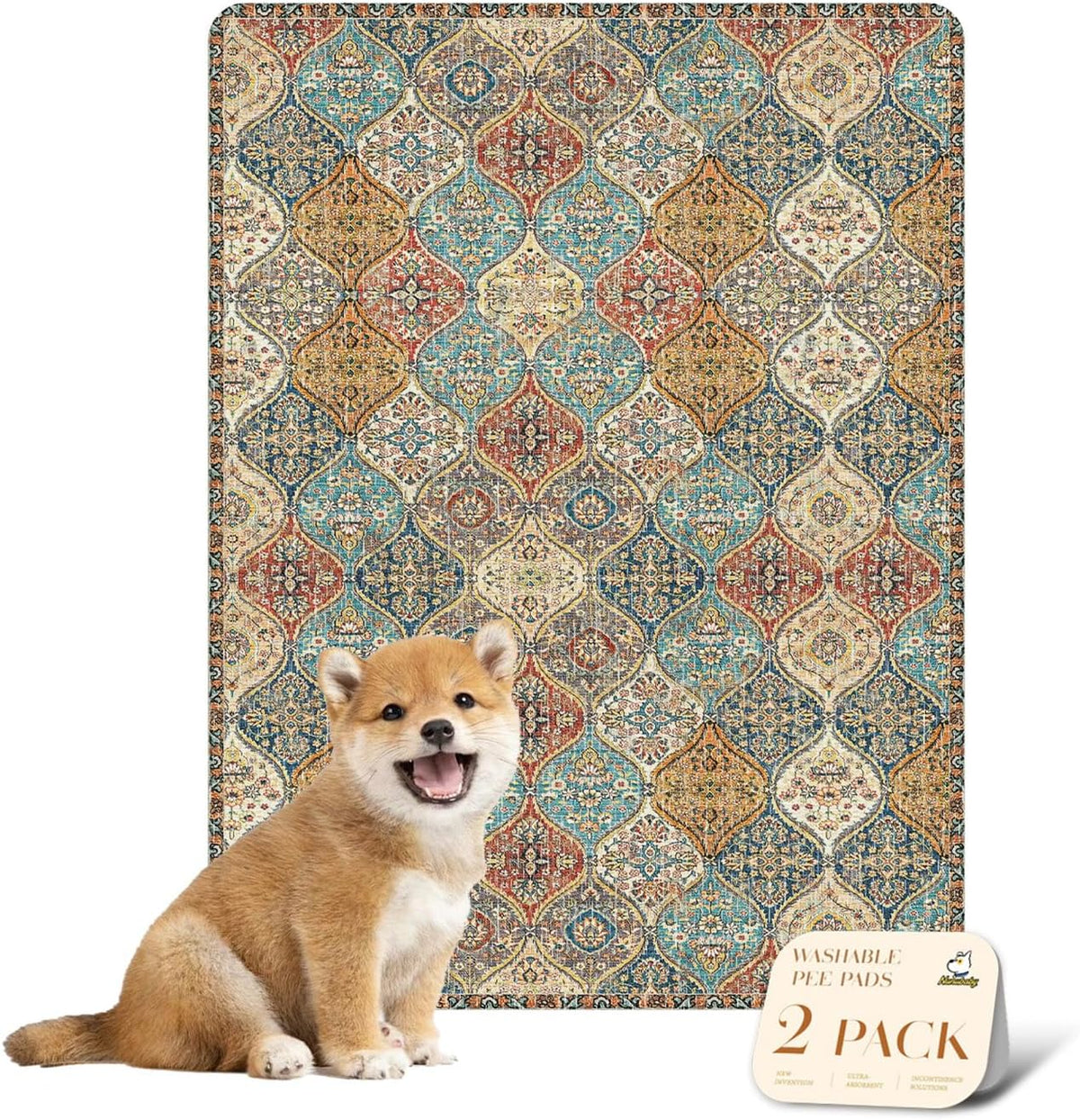 Washable Pee Pads for Dogs, Stylish - 18x24 Inch (Pack of 2) / Cream/Multi