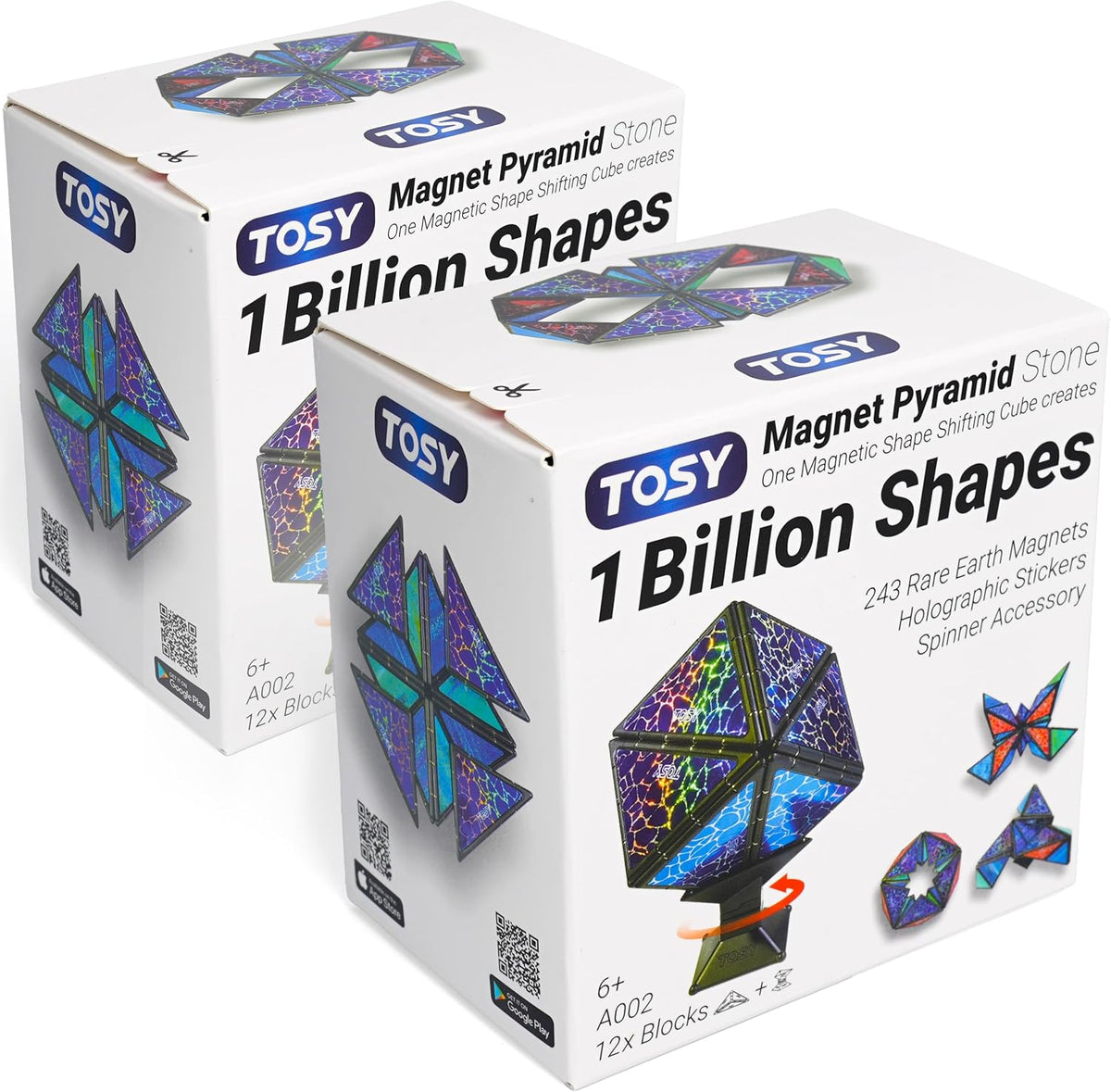 TOSY Magnet Pyramid Glow - 1 Cube Transforms into 1 Billion Shapes, 12 Pieces, 243 Magnets - Stone (Set of 2)