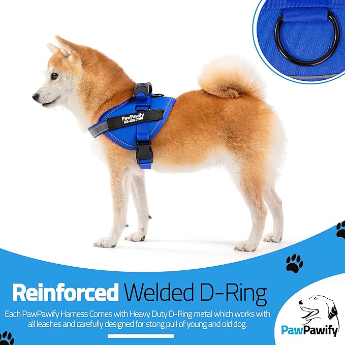 PawPawify Custom No Pull Dog Harness with Name and Phone Number, Heavy Duty Personalized Pet Vest to Prevent Tugging, Pulling, or Choking, Training and Walking (New Blue, L (40-60 LBS))