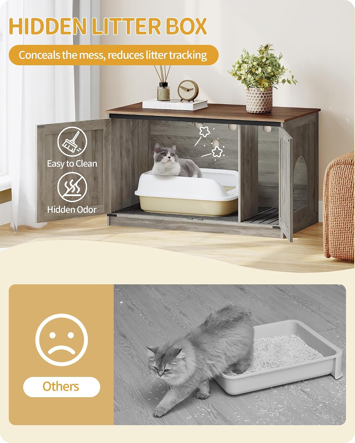 Hzuaneri Cat Litter Box Enclosure - Light Ivory and Brown / 39.4"L x 21.7"W x 23.6"H - image 3