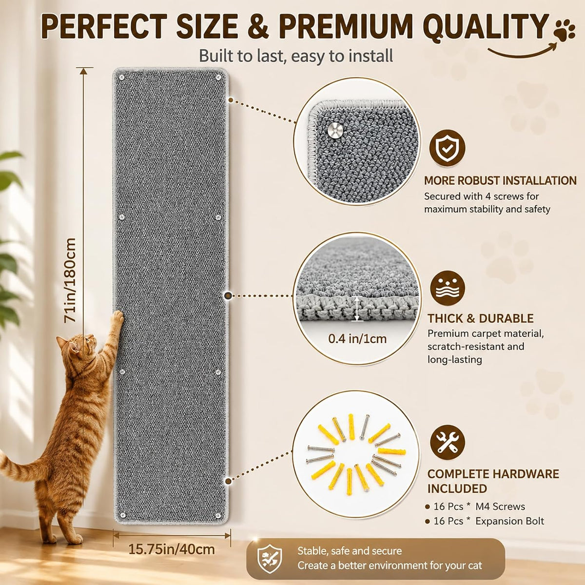 FHTONGE 71x15.8" Thickened Cat Wall Climbing Carpet with 16 Fixed - Highclass Grey / 71x15.8"(180x40cm) - image 2