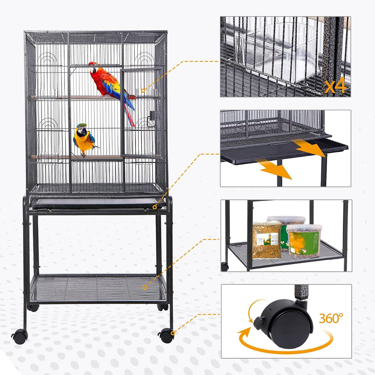 HSM 53 inch wrought iron large bird flight cage with rolling stand - view 4