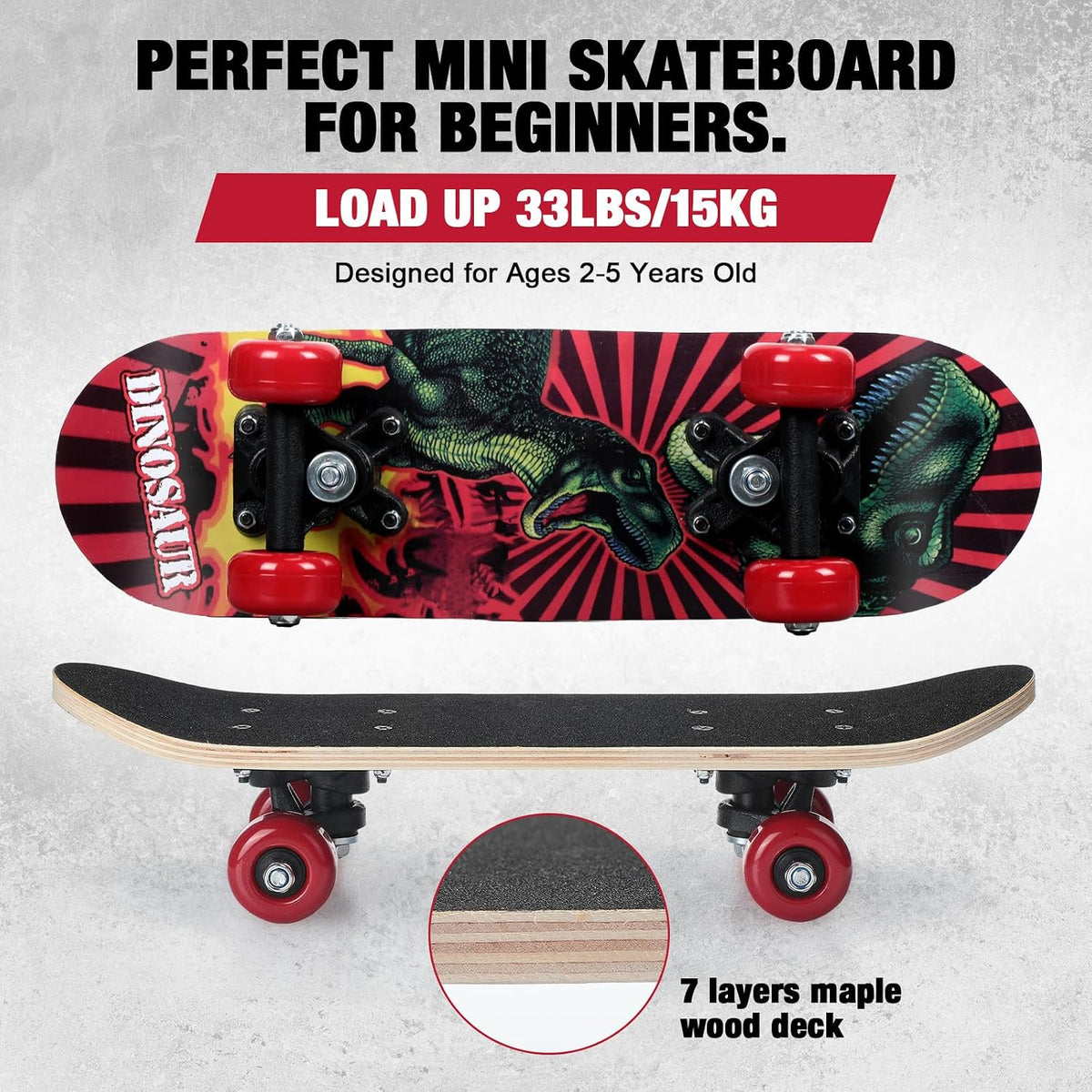 Honoson kids skateboard set with dinosaur print maple deck and black knee pads, elbow pads and wrist - view 38