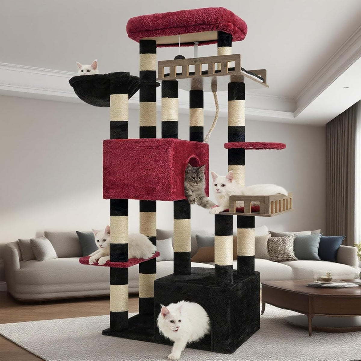Maine Coon Cat Tree, Heavy Duty Cat Tower for 20 lbs+, GCT033G – Essentials for Cats - 68.5 inches / Black and red