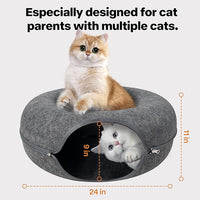 Pawise Peekaboo Cat Cave Donut Tunnel Bed, Cat Tunnel Bed,Bonus Separate Pom-Pom Bell Toy (Not Attached to Cave),Convertible Felt Cats Cave for Indoor Catty(X-Large)