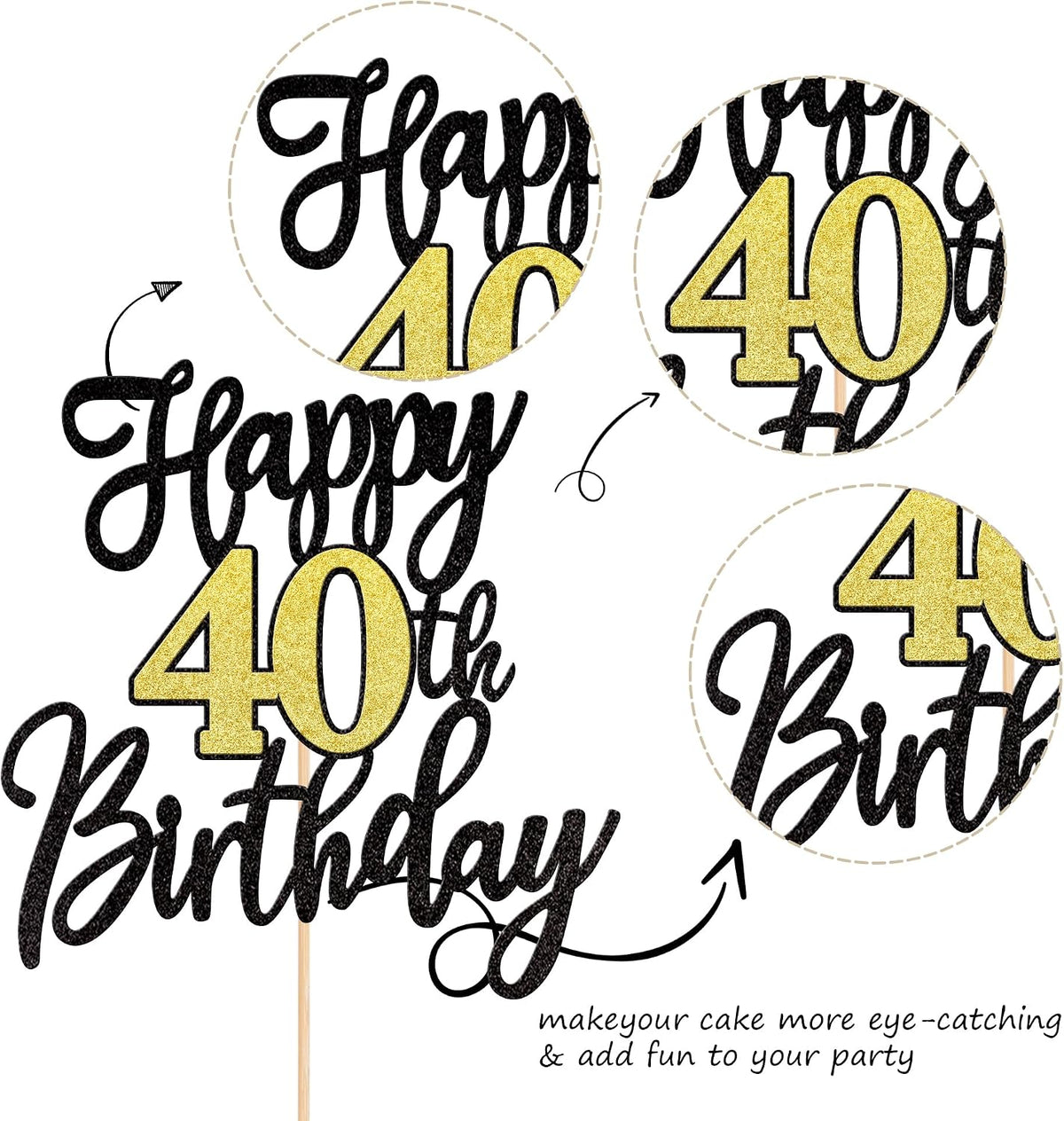 1 PCS Happy 60th Birthday Cake Topper Black Gold Glitter Cheers to 60 - 40th - image 3
