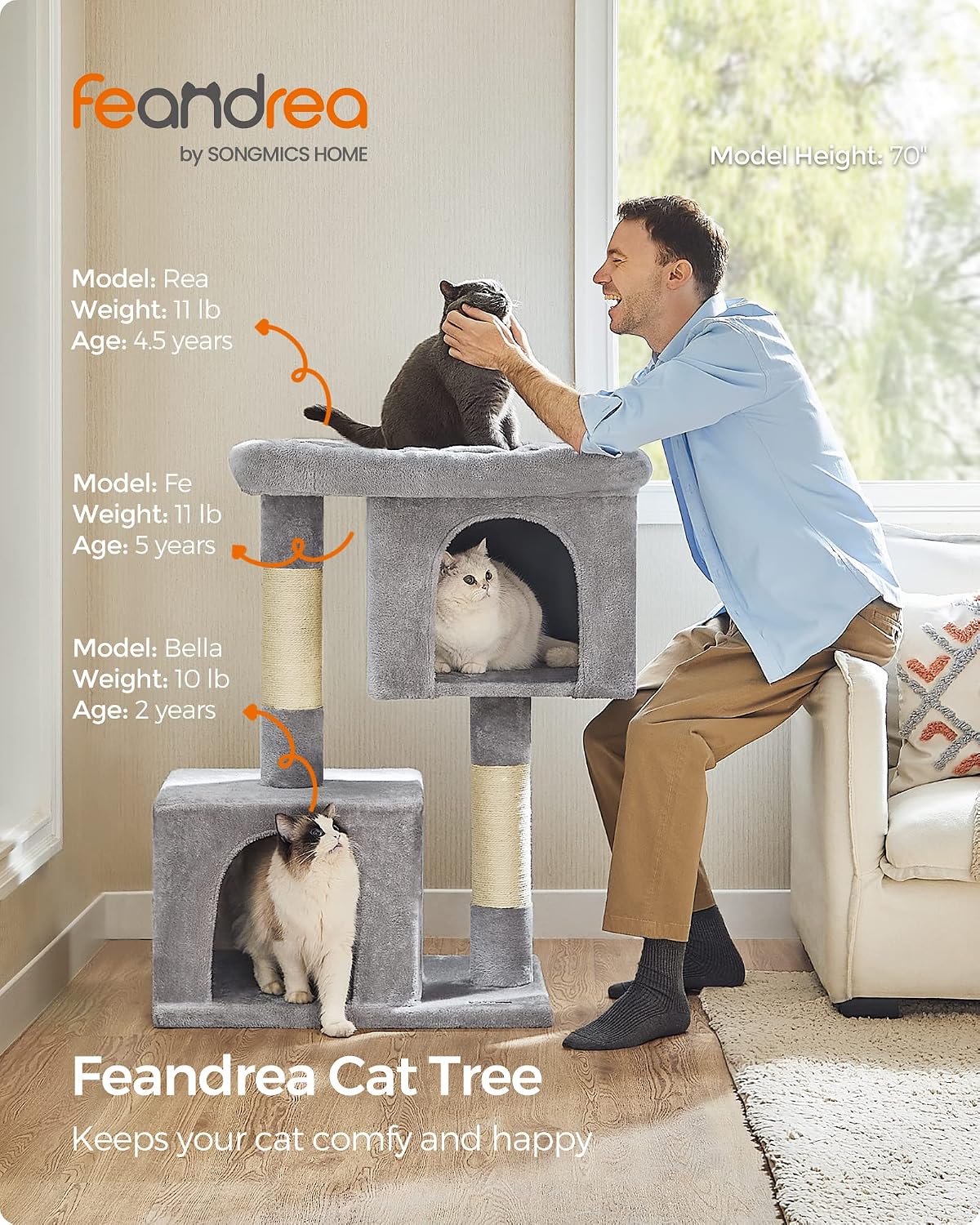 Feandrea Cat Tree, Plush Kitten Condo - XL (26.8"L x 18.9"W x 40.6"H) / Light Gray - image 2