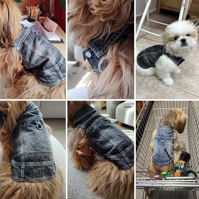 Puppy Clothes for Small Dogs Boy,Classic Western Denim Dog Coat,Dog Jeans Jacket with Leash D-Ring,Pet Cat Costumes,Cooling Harness Vest for Walking (Black, XX-Large)