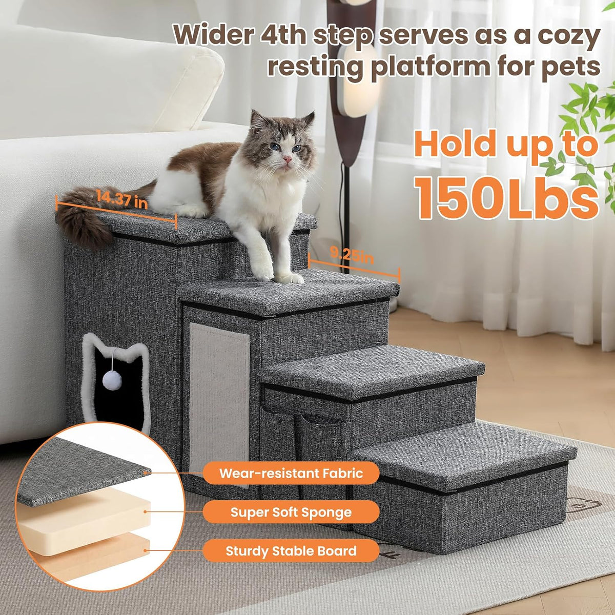 17" H Cat Stairs for Old Cats, Doggie Steps for Small Dogs - Grey / 4-Step - image 4