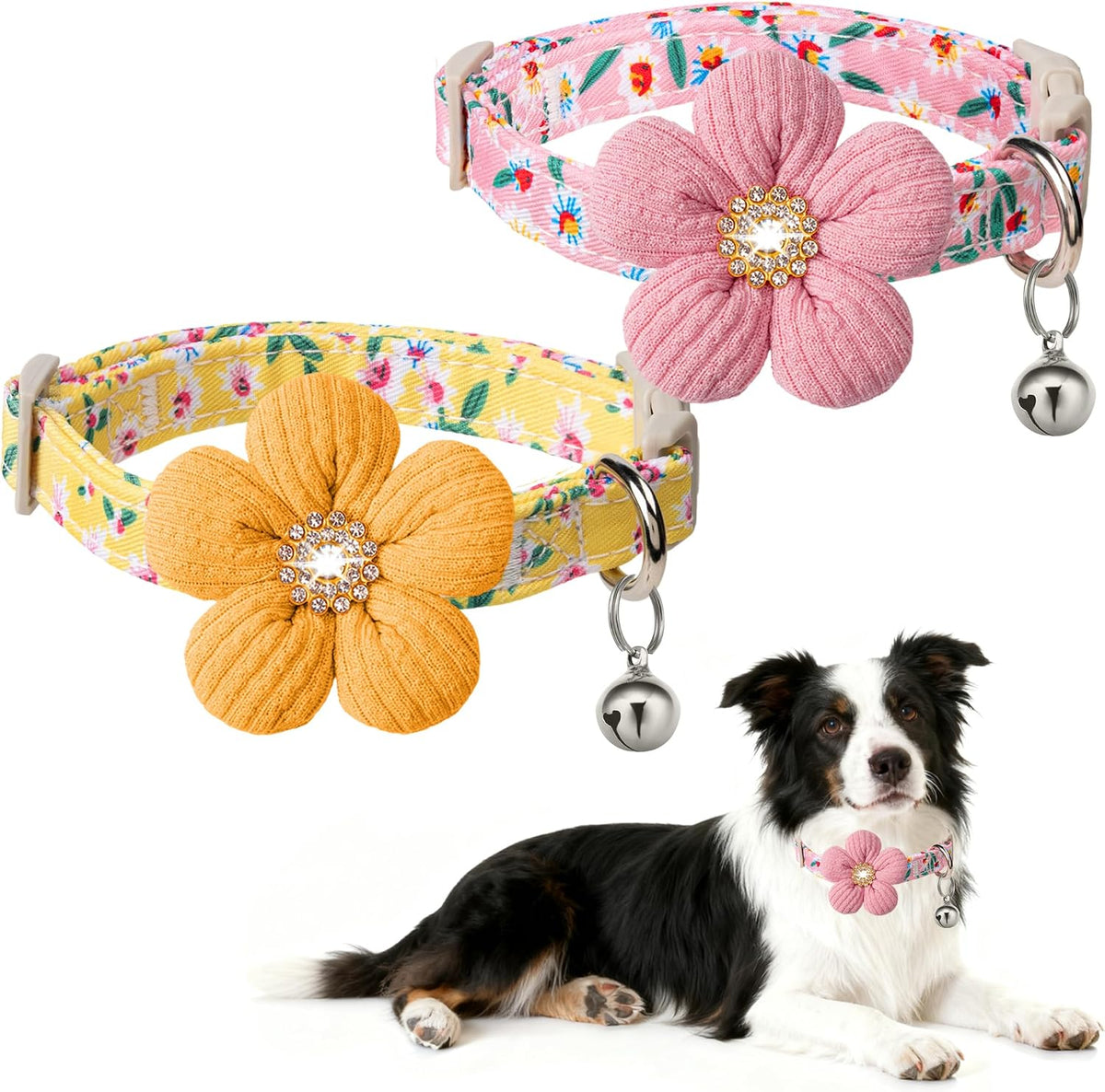 Medium Dog Collar with Flower - Pink + Yellow / M : for Medium Dogs