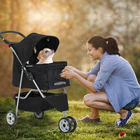 Travel Folding Pet Jogger for Small Medium Dog Cat - Folding Stroller with Storage Basket, Removable Cup Holders (Black, 3 Wheels)
