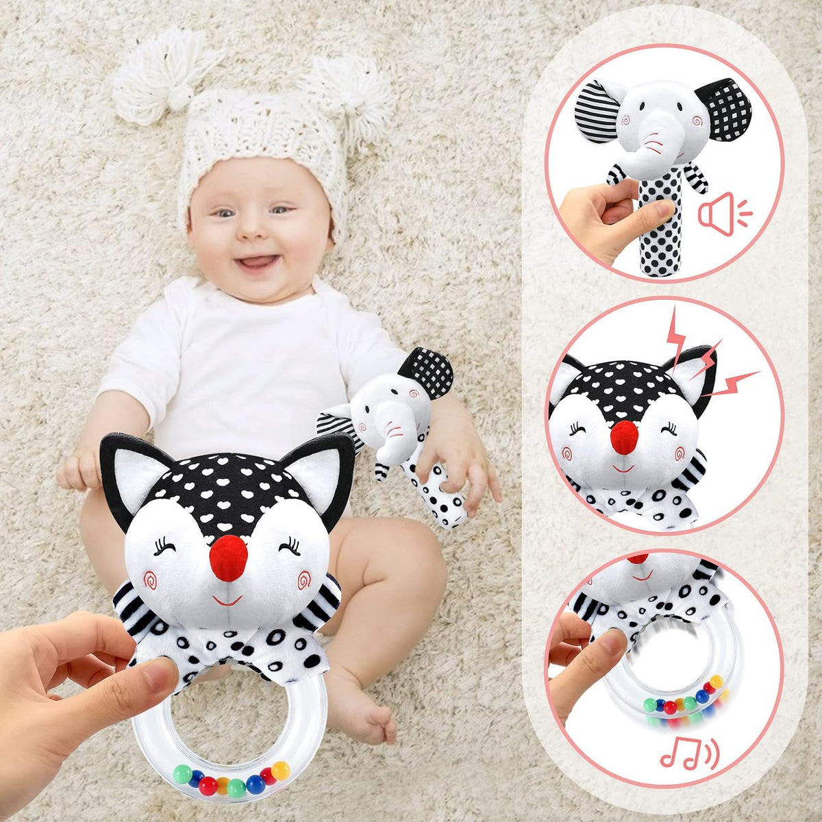 XIXILAND Baby Rattles 0-6 Months Newborn Toys Infant Toys 0-3 Months - Black&White-5 - image 2