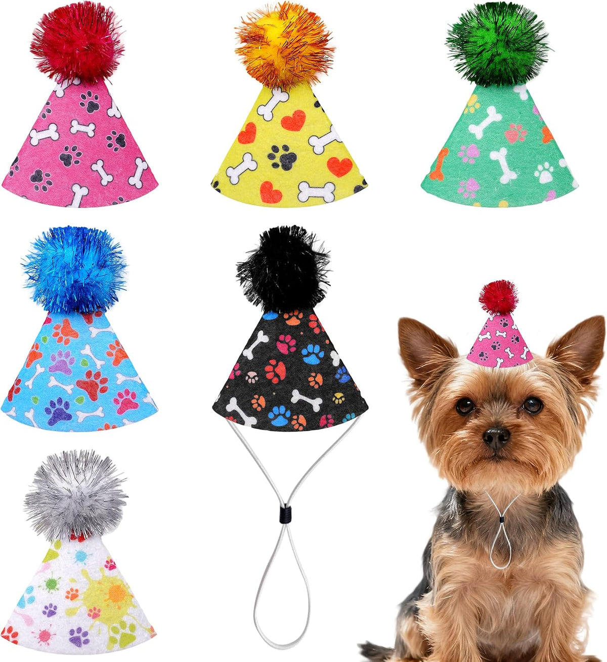 6PCS Dog Birthday Party Hats Felt for Small Medium Dogs Paw Bone – Essentials for Dogs - Party Hat / Mini