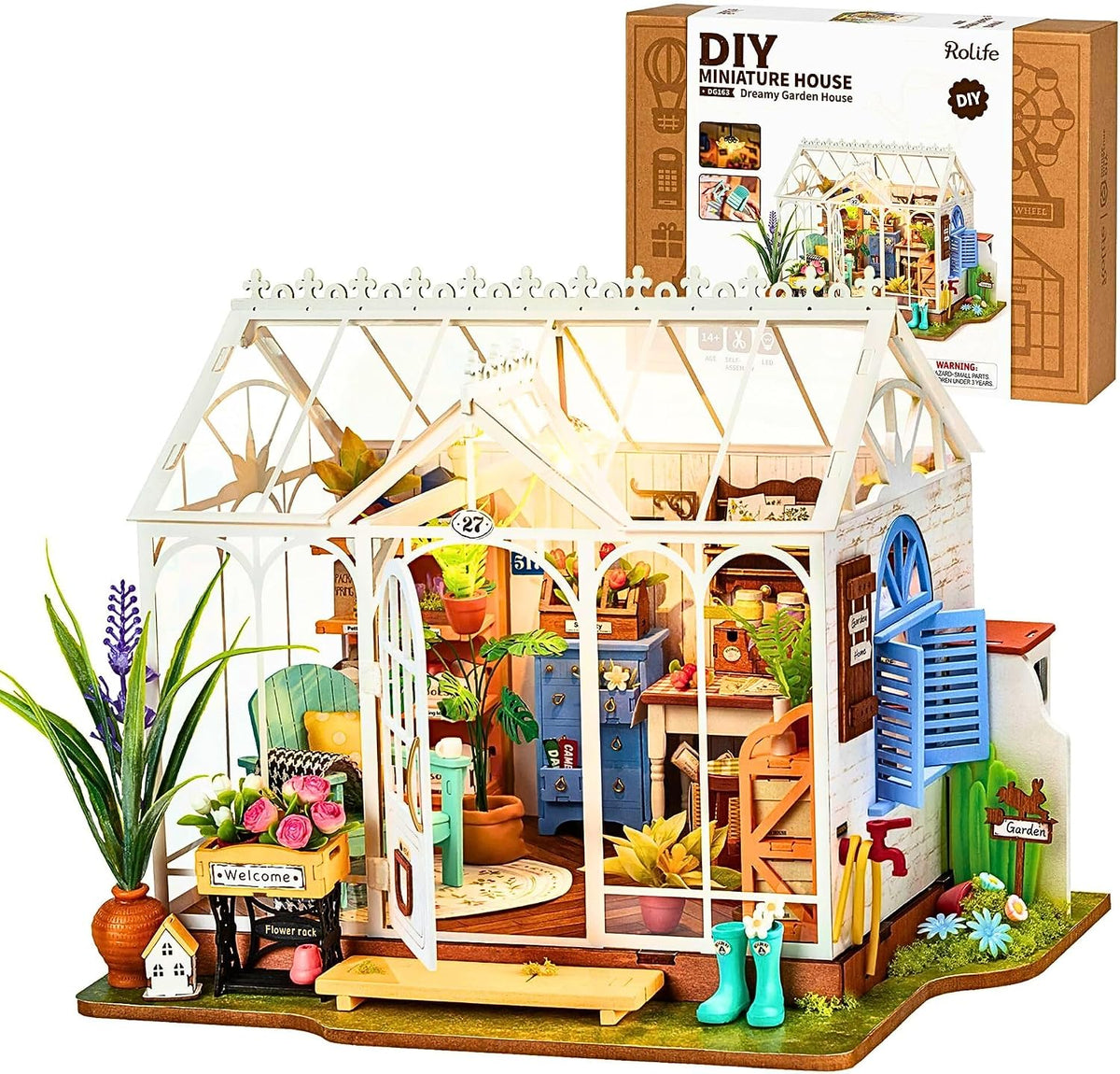 Rolife Greenhouse miniature house kit assembled with plants, wooden furniture and LED light - view 3