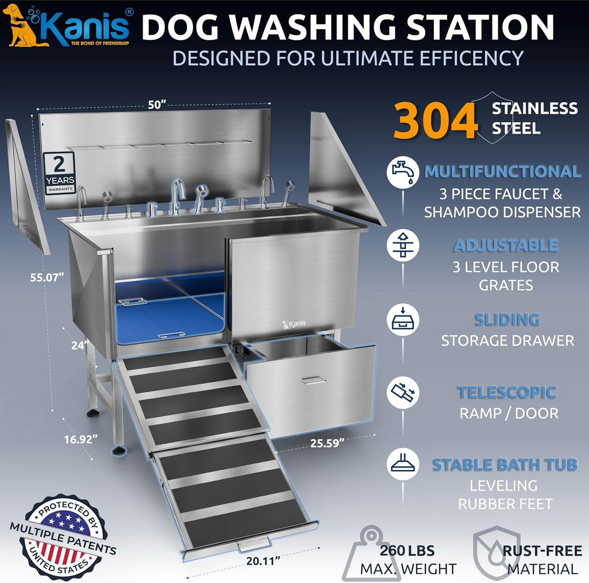 Professional Dog Washing Station 304 Stainless Steel Pets Grooming Tub – Essentials for Dogs - Silver, Left Ramp, 1 Drawer / 50 Inches - image 2