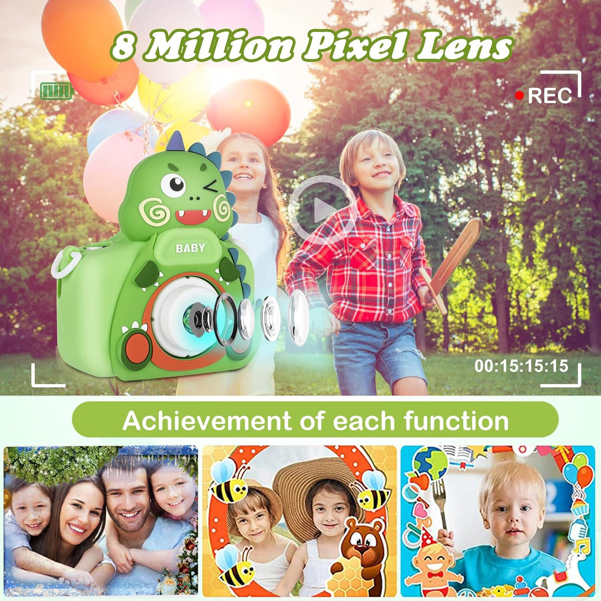 Zeacool Kids Camera, HD Digital Video Camera - Dinosaur Green - image 4
