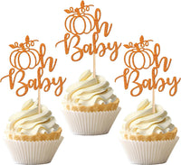 24 PCS Pumpkin Oh Baby Cupcake Toppers Glitter Fall Theme pumpkin - Design 7-orange