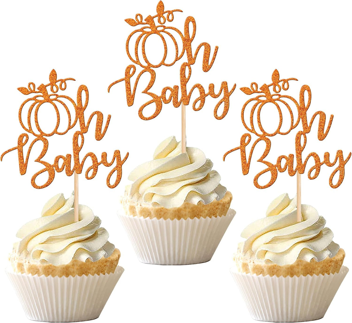 24 PCS Pumpkin Oh Baby Cupcake Toppers Glitter Fall Theme pumpkin - Design 7-orange