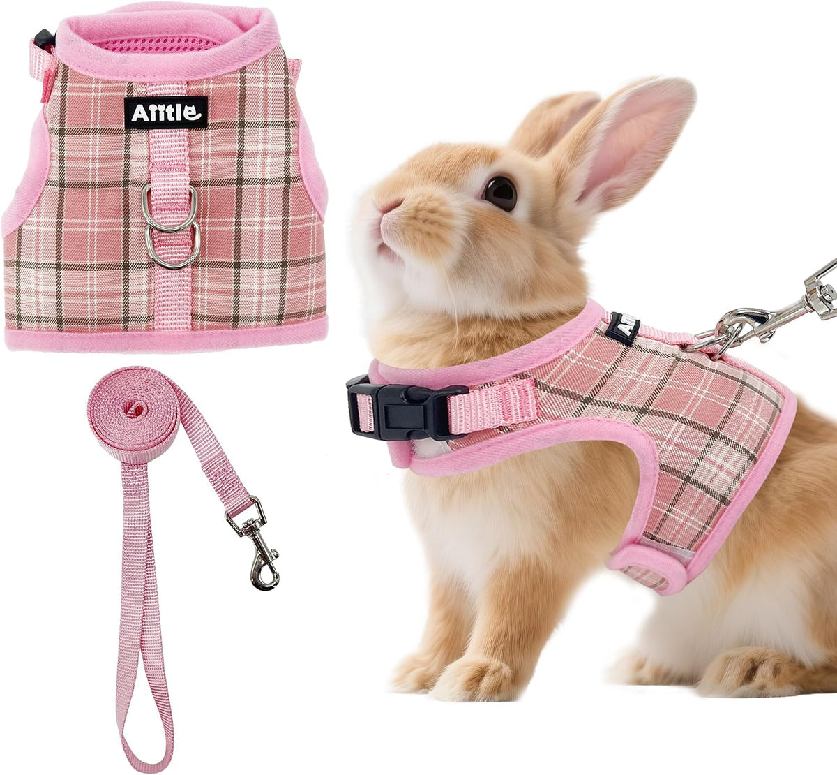 Plaid Breathable Rabbit Harness and Leash Set Escape Proof - Pink / M