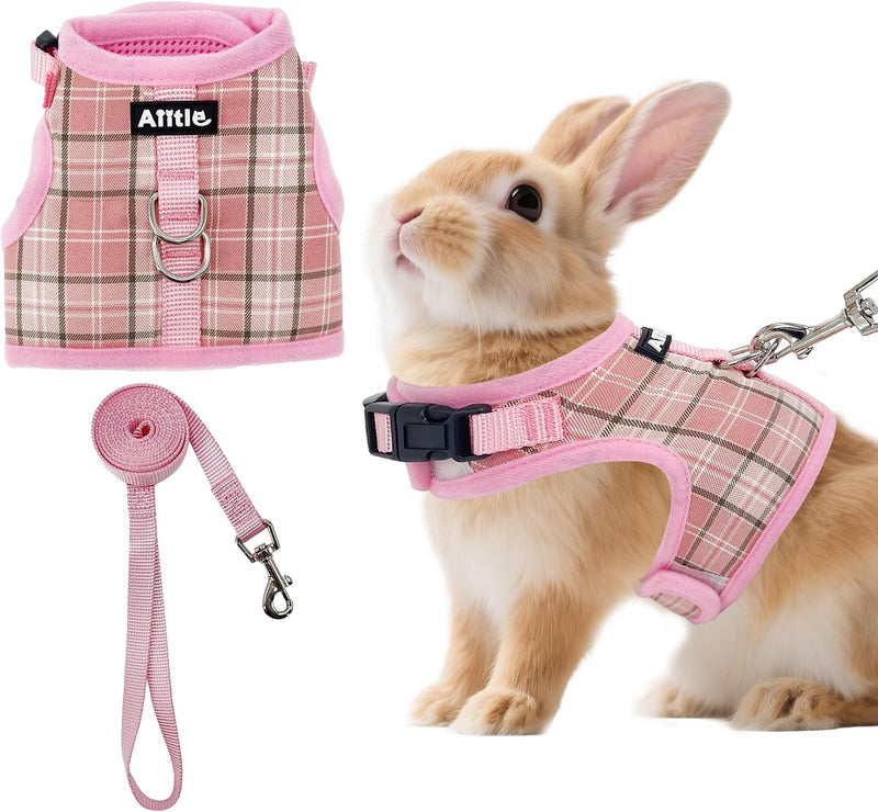 Plaid Breathable Rabbit Harness and Leash Set Escape Proof - Pink / M