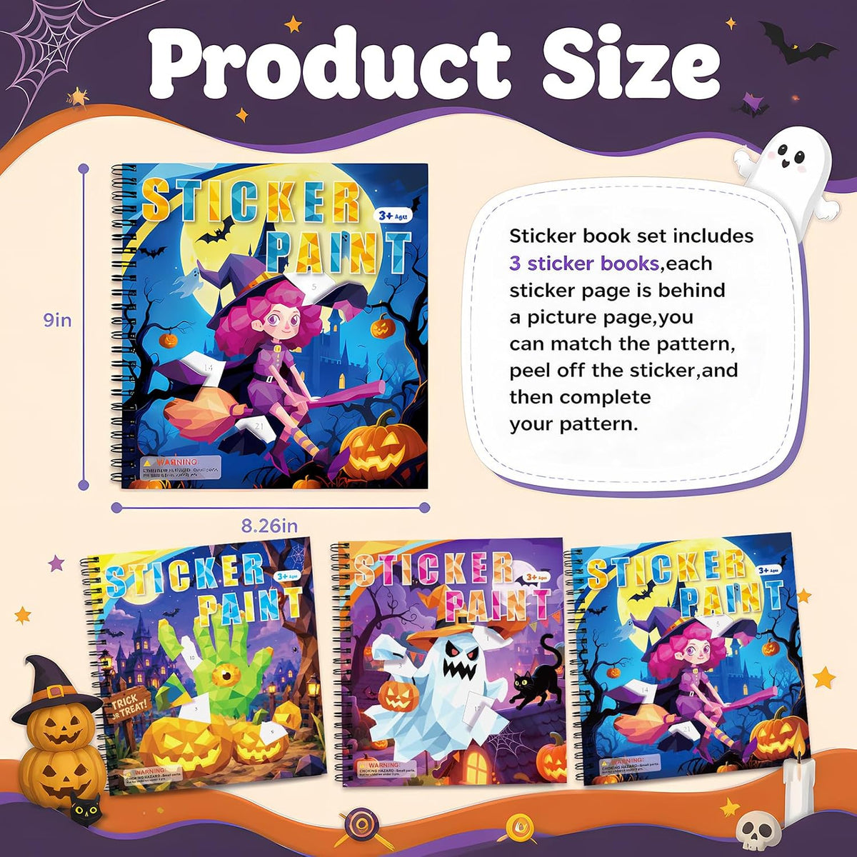 Homicozy 3Pcs Paint by Number Sticker Books for Kids 4-8 - Halloween-3pcs - image 4