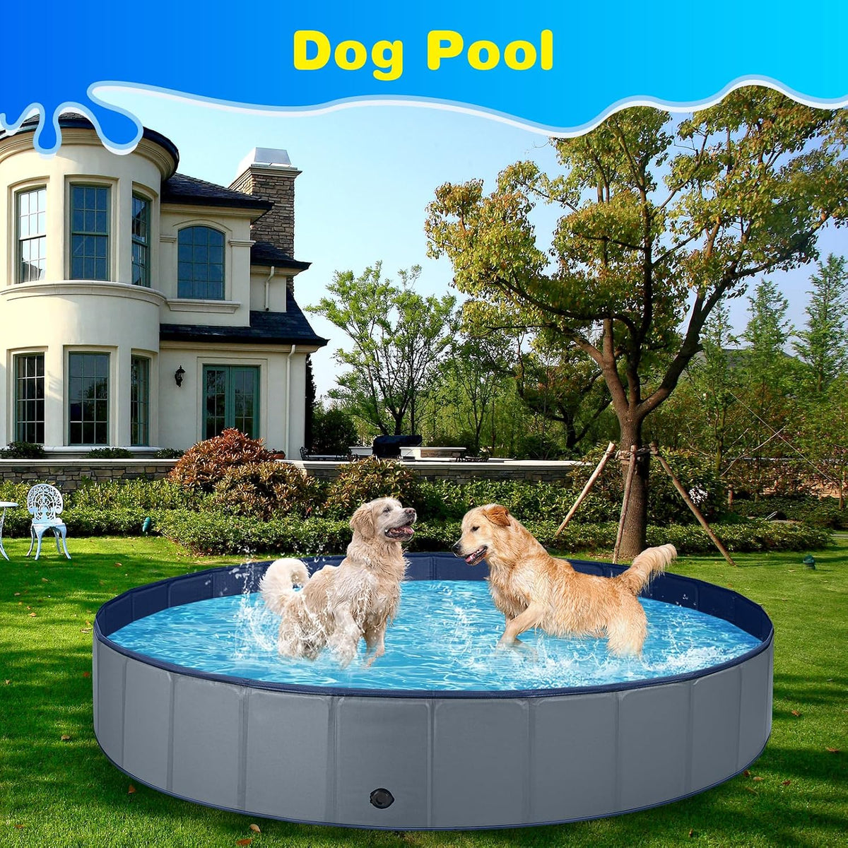 Jecoo Dog Pool for Large Dogs Kiddie Pool Hard Plastic Foldable Dog - Gray / XL-63" x 12" - image 2